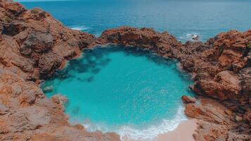 Secluded turquoise cove nestled between dramatic red rocks photo
