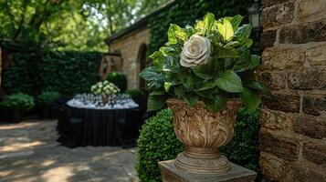 Elegant white rose in ornate urn, garden party setting photo