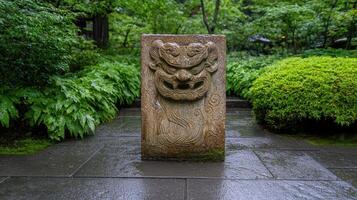 Stone carving of a mythical beast in a lush garden photo