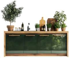 Modern Kitchen Countertop Display Featuring Greenery and Stylish Wooden Accents png