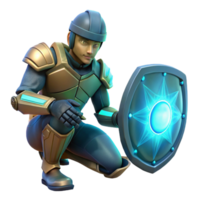 3D Render of a Futuristic Warrior Crouching with Shield png