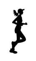 A silhouette of a woman running with determination, wearing a cap and athletic attire. The dynamic pose captures the energy and motion vector