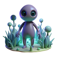3D Render of a Cute Alien in a Glowing, Bioluminescent Plant Setting png