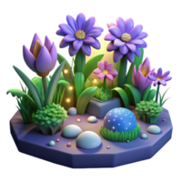 Enchanted Night Garden 3D Render of Magical Flowers, Glowing Flora, and Mystical Stones png