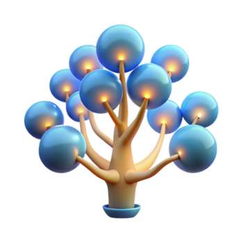 Luminous Spherical Tree A 3D Render of an Abstract, Illuminated Tree with Glowing Orb Foliage png