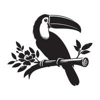 toucan bird on branch with flowers and leaves vector
