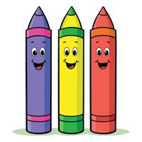 three colorful crayons with smiling faces vector