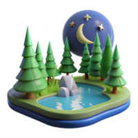 Nighttime Forest Pond 3D Render Serene Moonlit Scene with Evergreen Trees png