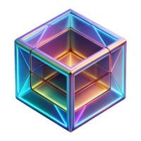 Abstract Cube Neon Glow, 3D Render, Geometric Prism, Iridescent Surface, Shiny Metal, Colorful Light, Virtual Reality, Digital Art png