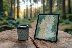 Tablet showing map and reusable coffee cup standing on tree stump in forest photo