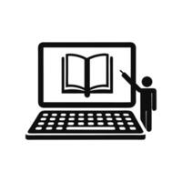 a person pointing at a laptop with an open book on it vector