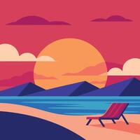 a beach scene with a chair and a sunset vector