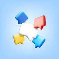 3D colorful speech bubbles on blue background. Render collection of chat balloon pin. Notification shape mockup. Communication, web, social network media, app button. vector