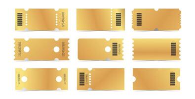 Golden tickets template set. Empty gold coupon blank with barcode and number. illustration collection on white background vector