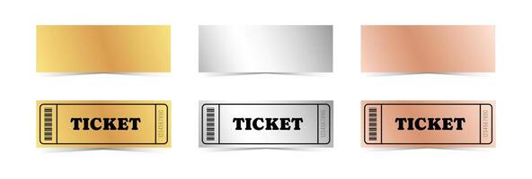 Gold, silver, bronze ticket template. Empty coupons blank and ticket with number, barcode. illustration set on white background vector