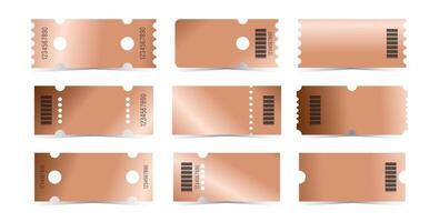 Bronze tickets template set. Empty copper coupon blank with barcode and number. illustration collection on white background vector