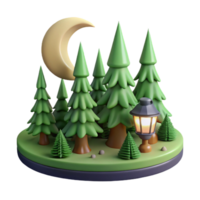 Night in the Forest 3D Render of Moonlit Evergreen Trees and Lantern png