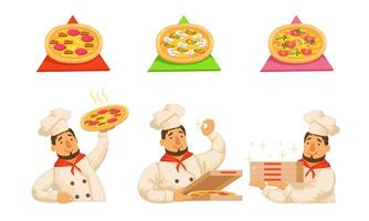 Set of hot pizza on a triangular color background. illustration. vector