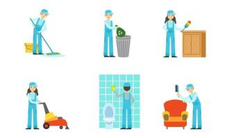 Set of cleaners in a uniform at work. illustration. vector