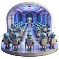 AI Robot Presenter Addressing a Robot Audience in a Futuristic Conference Hall png