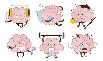 Set of cartoon brains in different life situations. illustration. vector