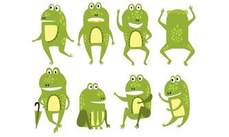 Set of green frogs in different poses and with various emotions. Funny humanized toads. Colorful flat icons vector