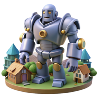 Giant Robot in a Village Setting 3D Render of Mechanical Figure Among Houses and Trees png