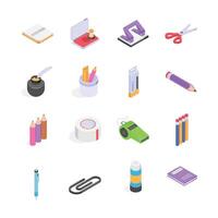 A collection of colorful isometric stationery items, perfect for presentations, educational material, or office related projects. vector