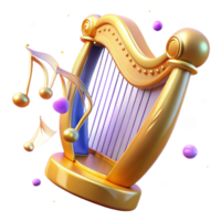 Golden Harp with Musical Notes 3D Render of a Classic Stringed Instrument png