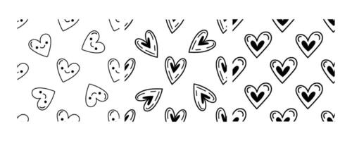 Seamless black and white heart patterns with hand drawn doodle style vector