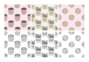 Seamless patterns set with cute pots, plants and hearts in color and monochrome vector