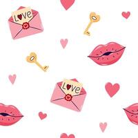 Valentine's Day Seamless pattern with envelopes and Kissing lips On white background. Cute background for textiles and packaging. illustration. vector
