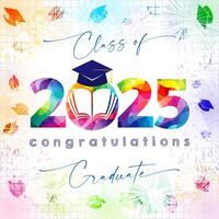 Class of 2025 holiday poster. Checkered notebook backdrop with colorful elements, vector