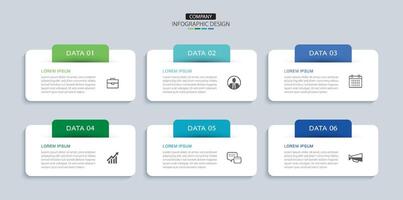 6 data infographics rectangle tab layout template. Illustration business abstract background. vector