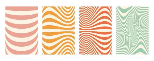 Groovy wave stripe set distorted. Hand drawn groovy, hippie backgrounds. Distorted uneven stripes, warped streaks, fluid liquid wavy lines, doodle waves. Striped rectangle templates collection. vector
