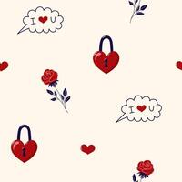 Valentine's Day Seamless pattern with red rose and Heart Shaped Lock On beige background. Cute background for textiles and packaging. illustration. vector