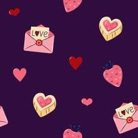 Valentine's Day Seamless pattern with envelopes, hearts and love note. Cute background for textiles and packaging. On dark background. illustration. vector