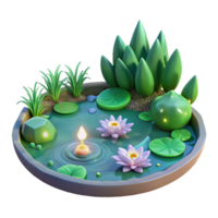 Serene Lotus Pond with Candlelight 3D Render of a Tranquil Water Garden png