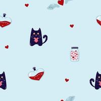 Valentine's Day Seamless pattern with cats and Heart shaped flask. Cute background for textiles and packaging. On blue background. illustration. vector