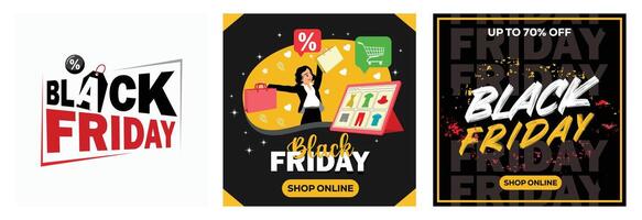 Black Friday digital Promotion graphics featuring icons and bold typography. vector