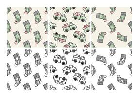 Seamless patterns set with cute socks and delivery trucks in color and monochrome vector