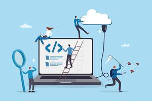Software development, coding team, programming frontend backend framework, debugging algorithm, testing or deployment concept, young people software engineer working with online cloud computer laptop. vector