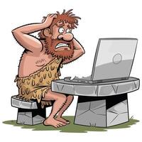 Cartoon caveman sitting at a table with a laptop vector