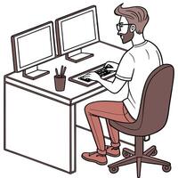 A man is sitting at a desk with two computer monitors vector