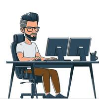 A man with a beard sitting at a desk with a computer vector