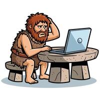 A cartoon caveman sitting at a table with a laptop vector