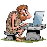 Cartoon caveman sitting at a table with a laptop vector
