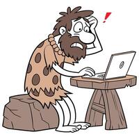 A cartoon caveman sitting at a table with a laptop vector