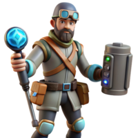 3D Render of Adventurer with Goggles, Staff, and Tech Device png
