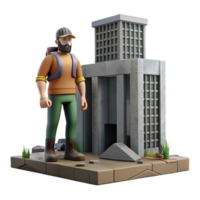 3D Render of Adventurer at Post Apocalyptic Building png